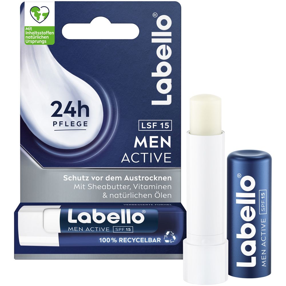 Labello Men Active soin des lèvres avec SPF 15, protection contre le dessèchement, au beurre de karité et vitamines.