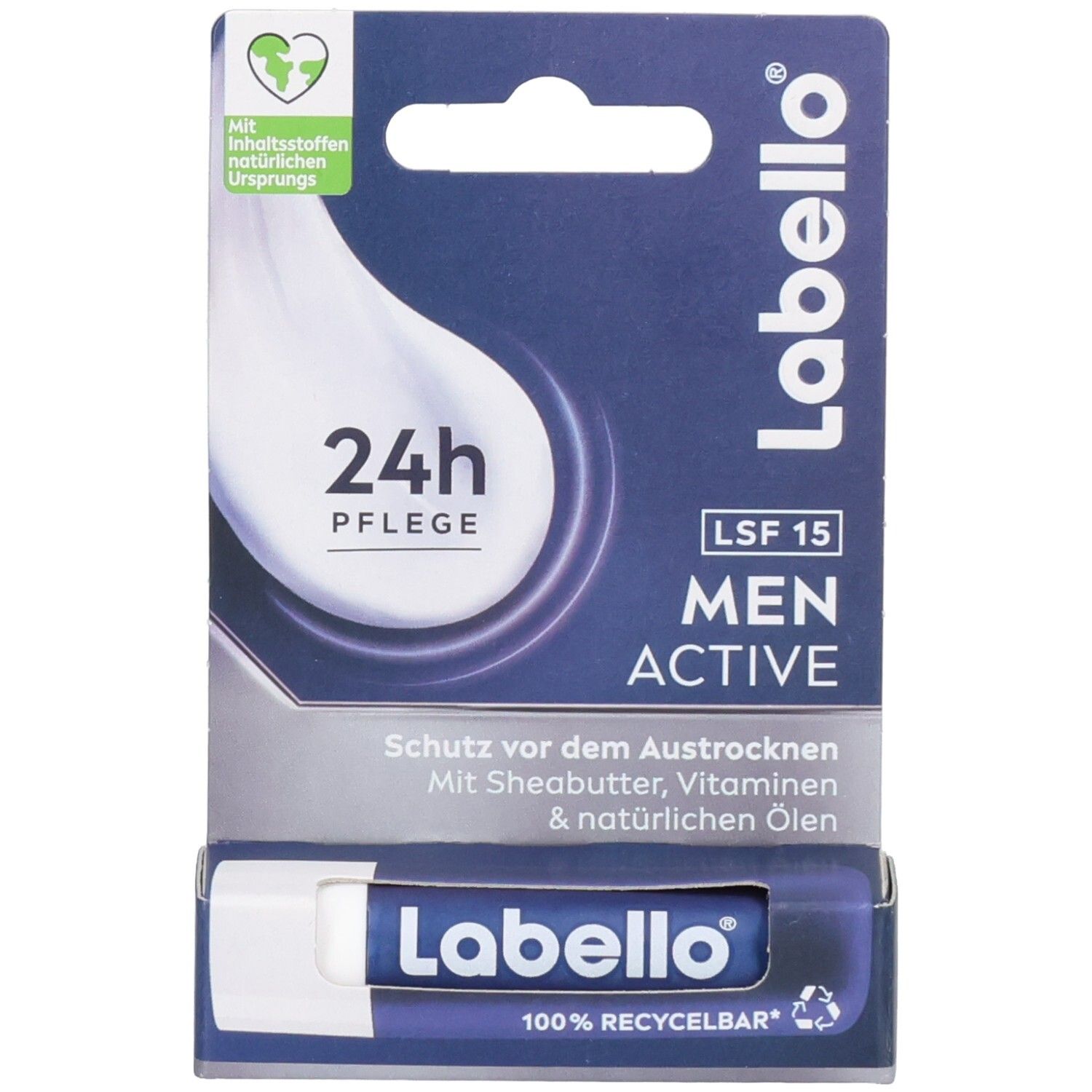 Emballage Labello Men Active soin des lèvres, SPF 15, soin 24h, protection contre le dessèchement.