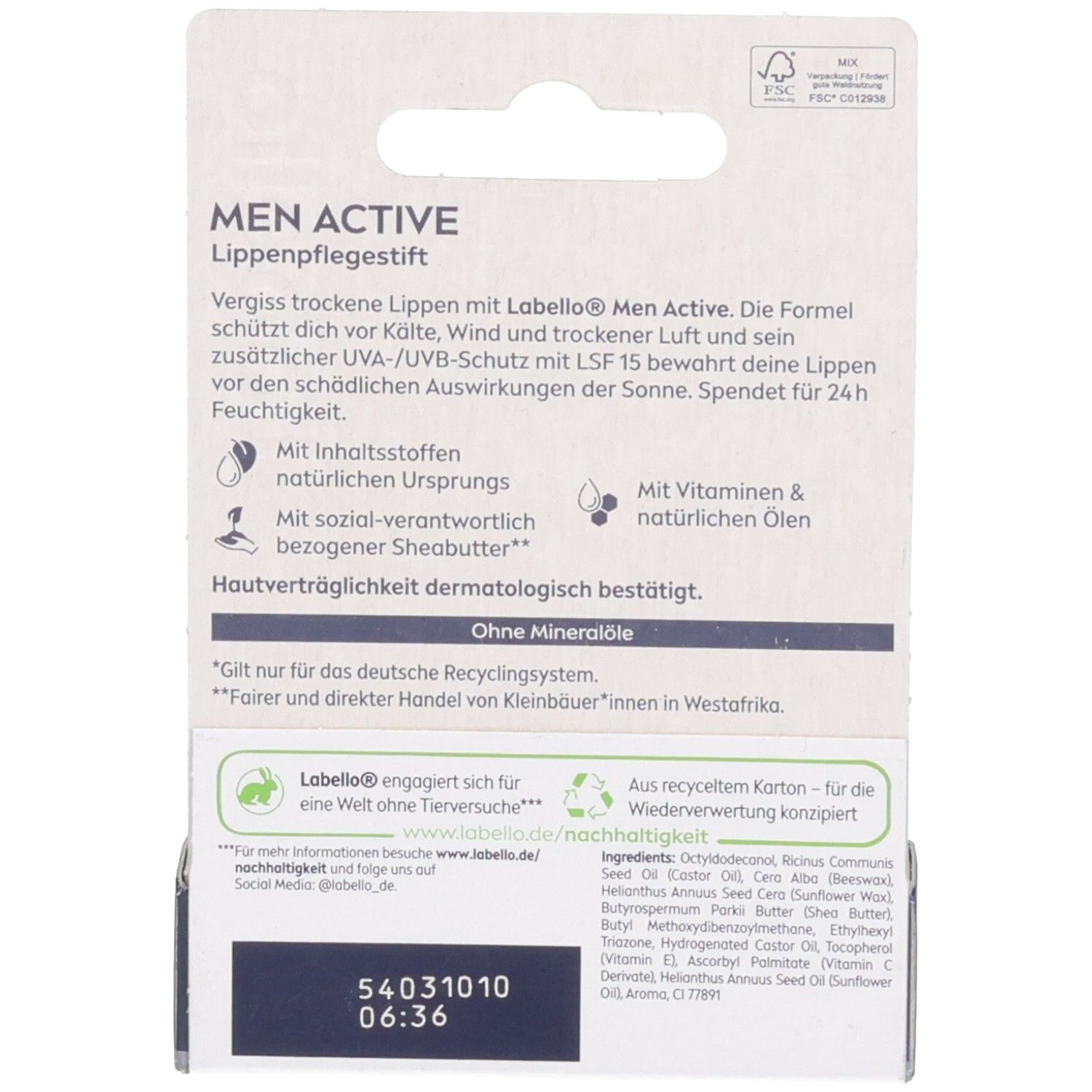 Dos Labello Men Active soin des lèvres : ingrédients, hydratation 24h, testé dermatologiquement.