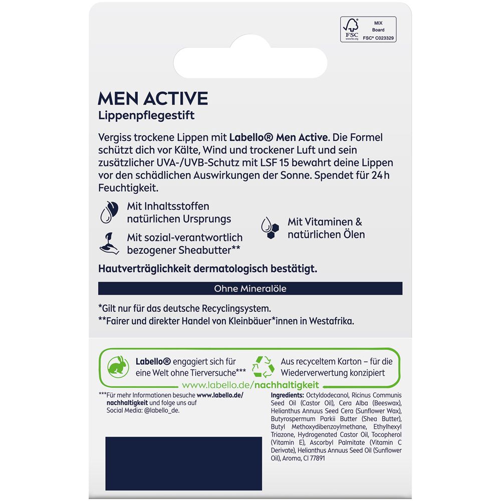 Dos Labello Men Active soin des lèvres : ingrédients, hydratation 24h, testé dermatologiquement.