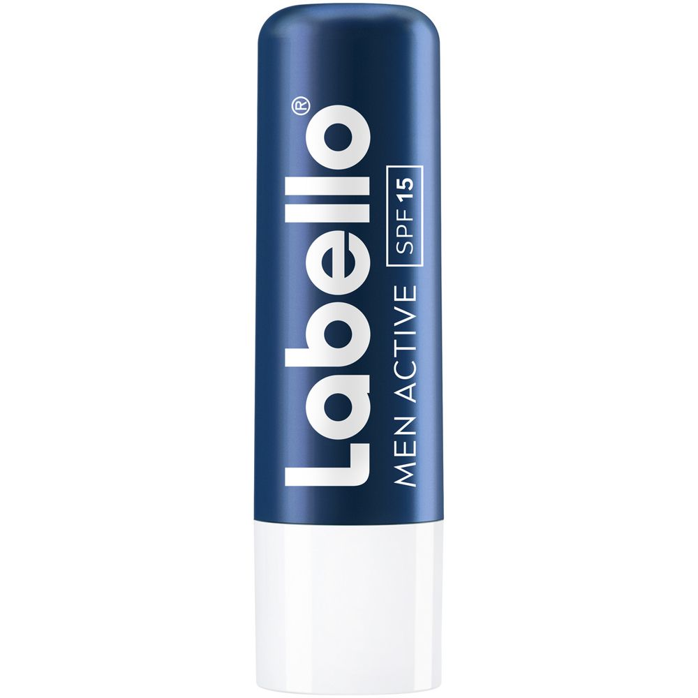 Stick Labello Men Active soin des lèvres dans un tube bleu foncé avec mécanisme de rotation blanc, SPF 15.