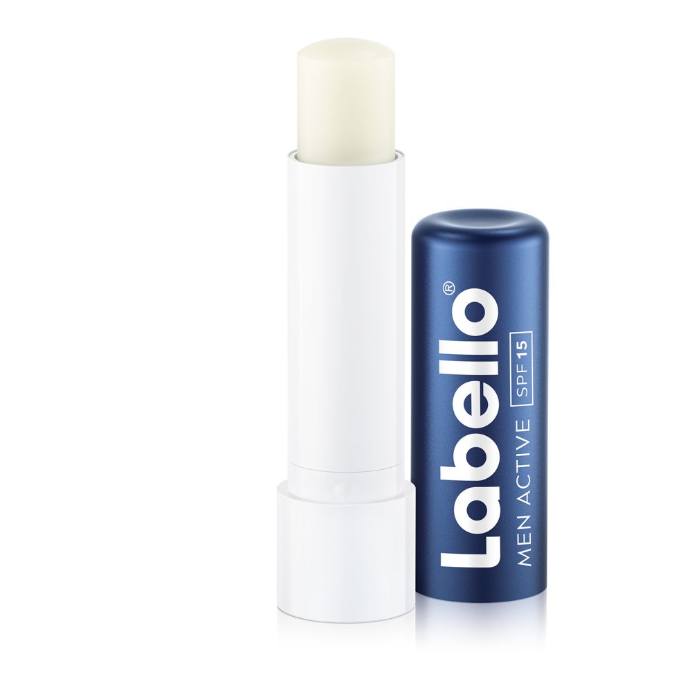 Stick Labello Men Active soin des lèvres ouvert, bâton blanc dans un tube blanc, capuchon bleu à côté.