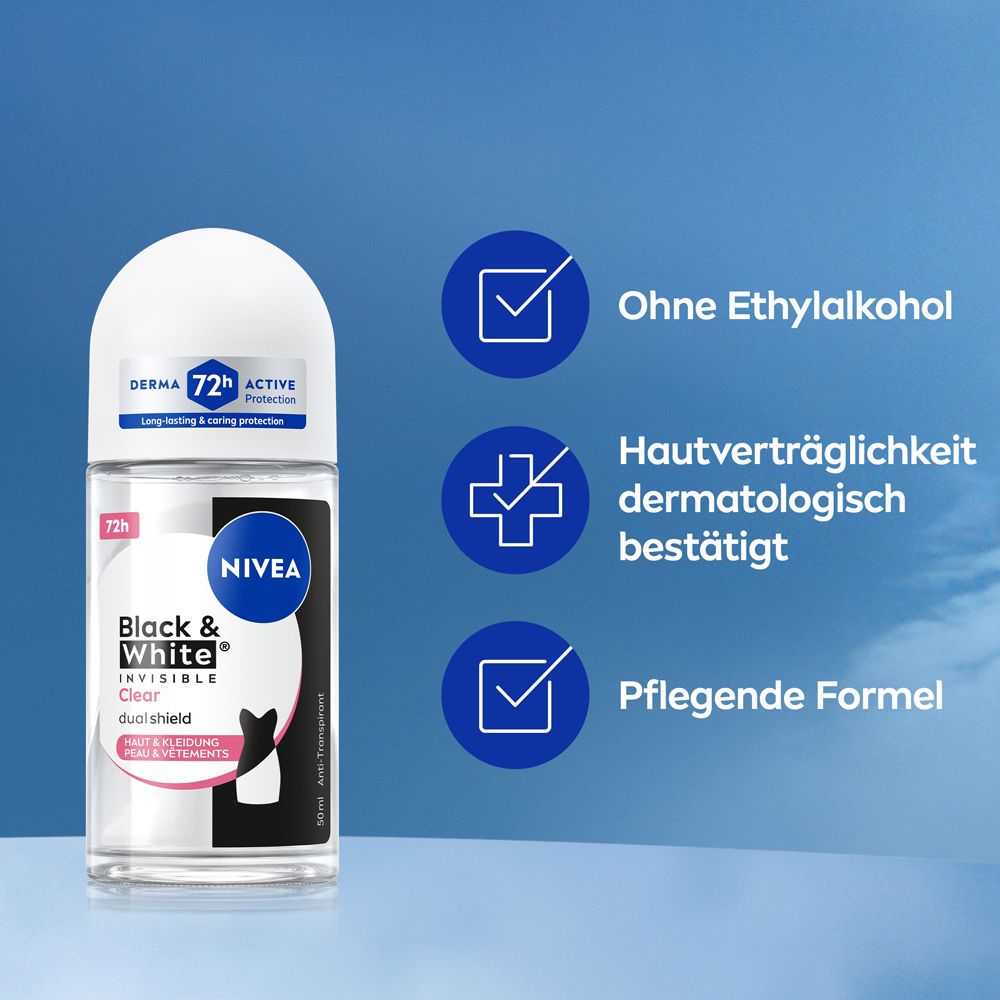 NIVEA Black & White Invisible Clear Deo Roll-On, 72h Active Protection, ohne Ethylalkohol.