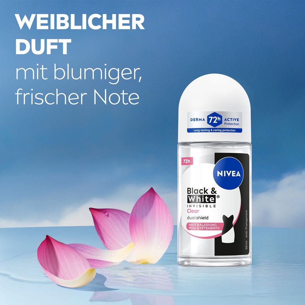 NIVEA Black & White Invisible Clear Deo Roll-On mit blumig-frischer Duftnote, mit Lotusblüten.