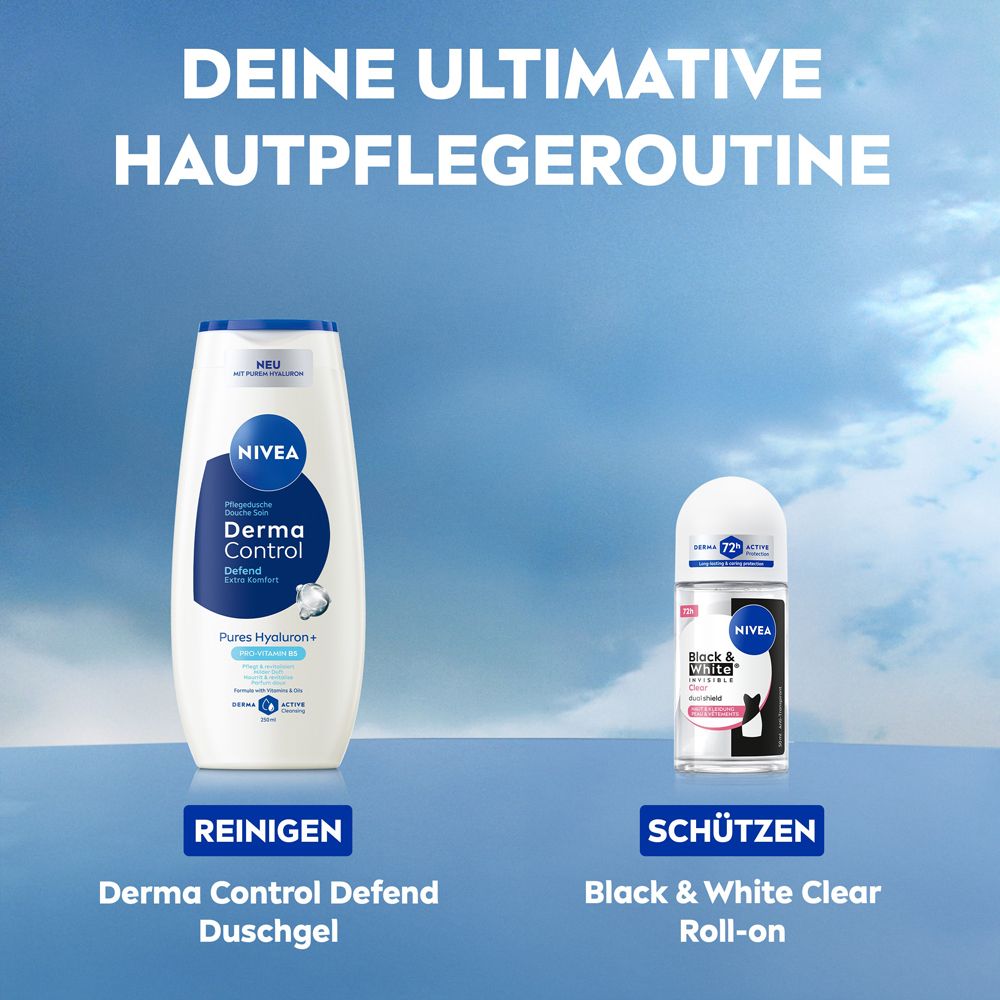 NIVEA Duschgel und NIVEA Black & White Invisible Clear Deo Roll-On für Hautpflege-Routine.