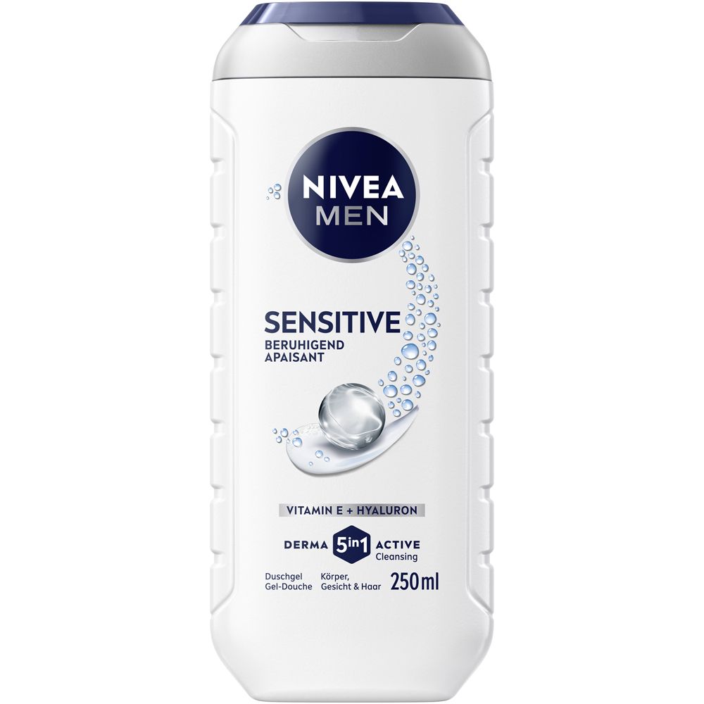 Nivea Men Sensitive Duschgel, 250ml, mit Vitamin E + Hyaluron, 5in1 Active Cleansing.