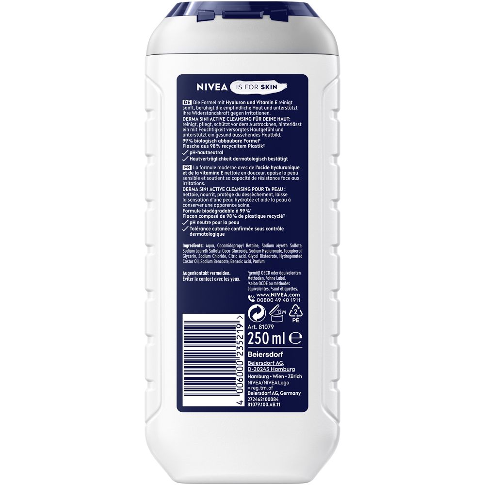Weiße Flasche mit blauer Kappe, Rückseite mit Produktinformationen und Barcode. Enthält 250 ml.