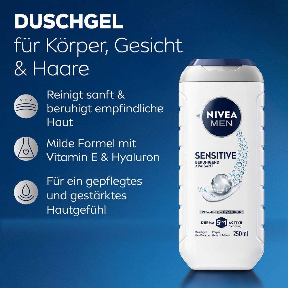 Nivea Men Sensitive Duschgel, 250ml, mit Vitamin E & Hyaluron für Körper, Gesicht & Haare.
