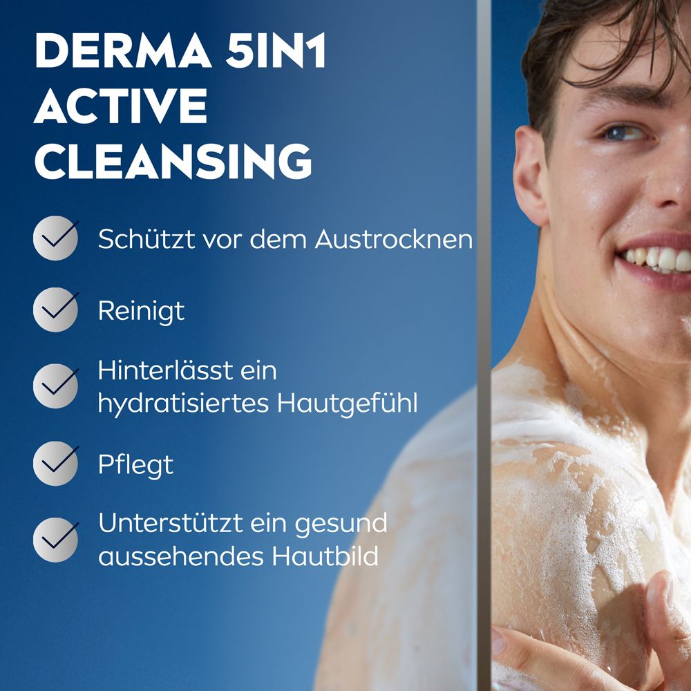 DERMA 5IN1 ACTIVE CLEANSING: Schützt, reinigt, hydratisiert, pflegt und unterstützt ein gesundes Hautbild.
