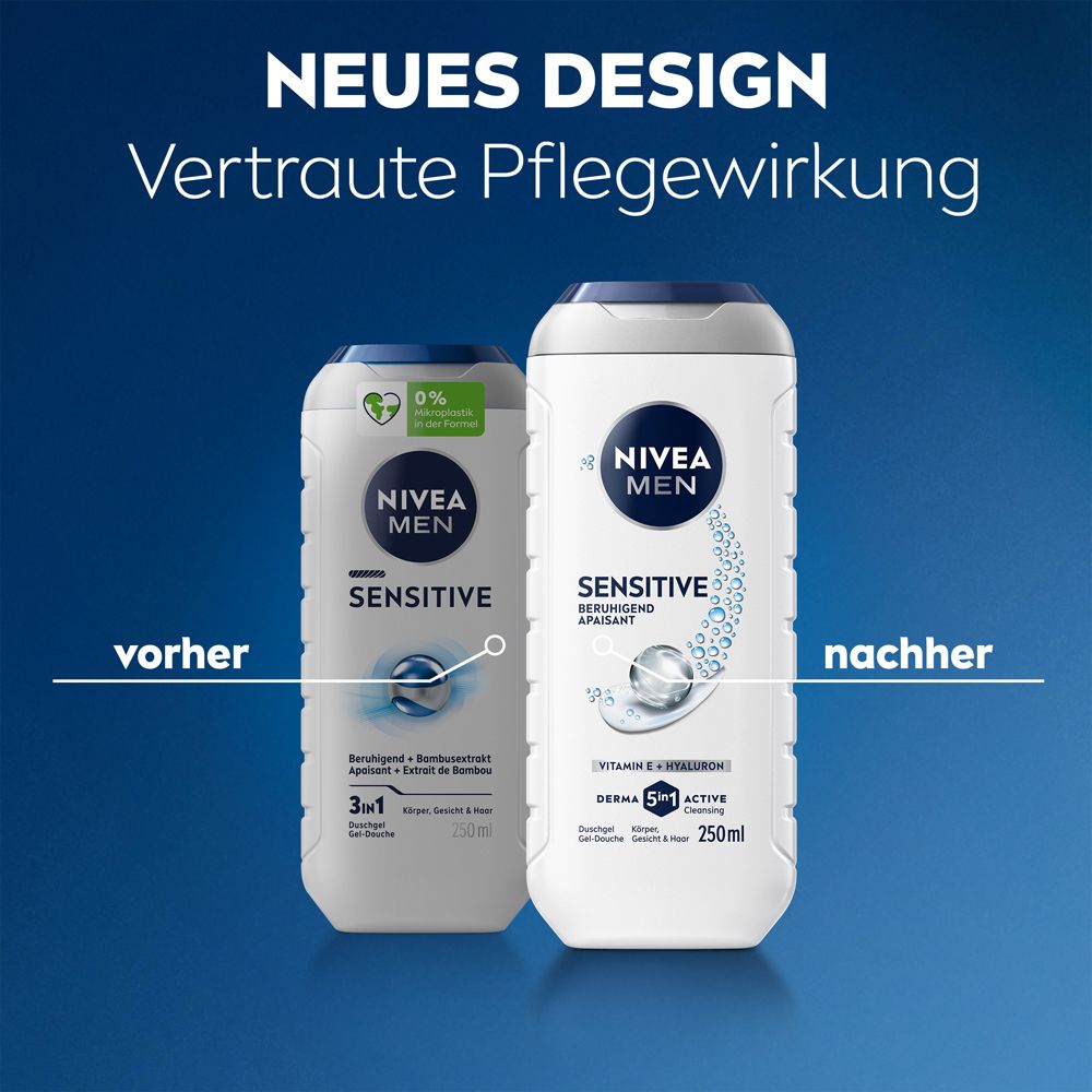 Zwei Nivea Men Sensitive Duschflaschen, links das alte Design, rechts das neue Design mit 250ml Inhalt.