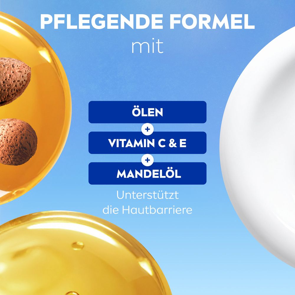 Pflegende Formel mit Ölen, Vitamin C & E, Mandelöl. Unterstützt die Hautbarriere.