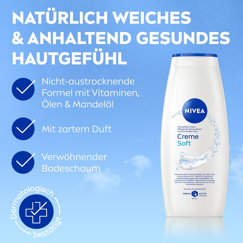 Weiße Nivea Duschgel-Flasche mit blauem Deckel, "Creme Soft" Aufschrift, vor blauem Himmel mit Wolken.