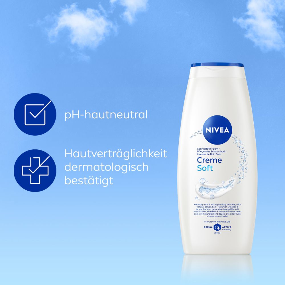 Weiße Nivea Duschgel-Flasche mit blauem Deckel. "Creme Soft" steht auf dem Etikett. Links sind Icons für pH-hautneutral und dermatologisch bestätigt.