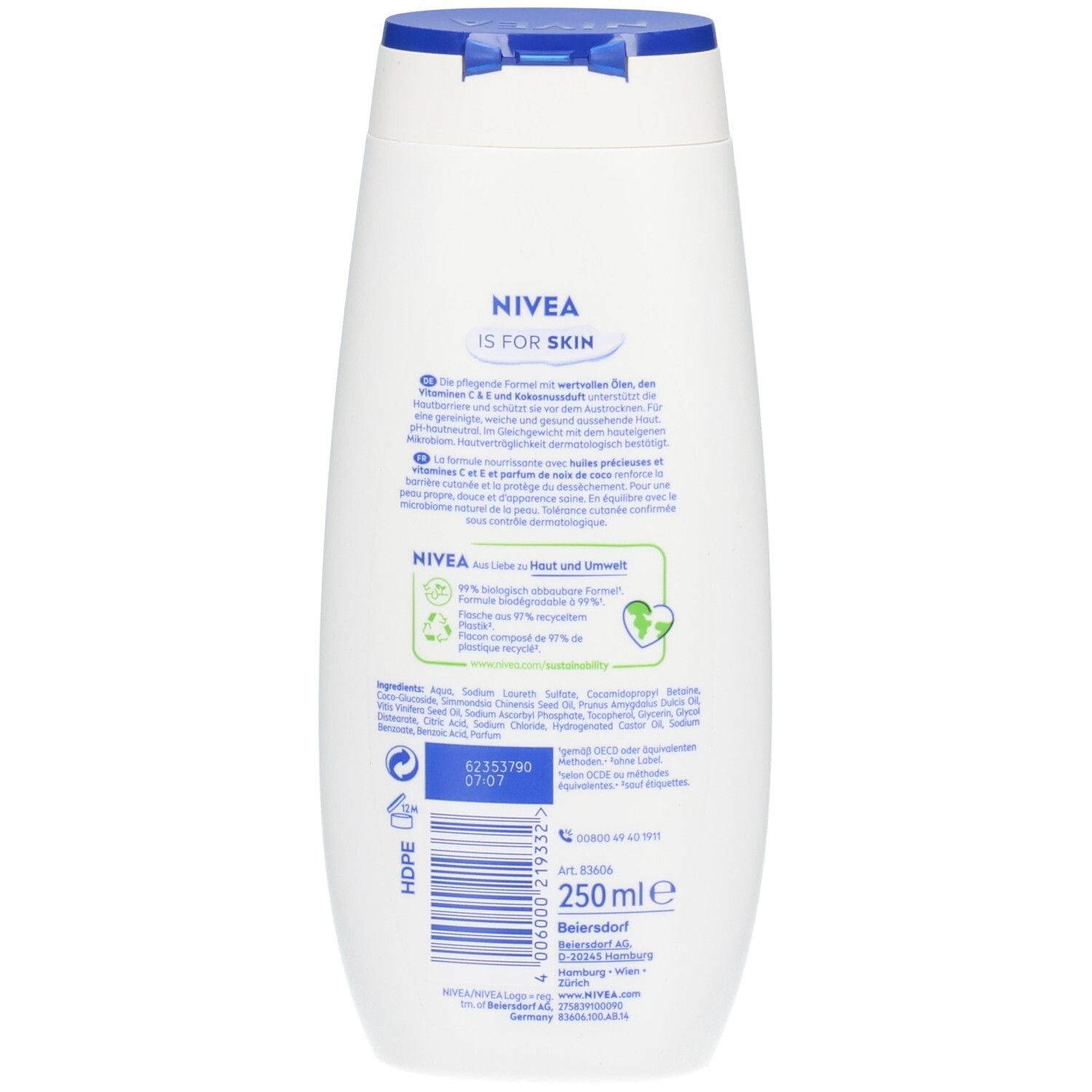 Weiße Nivea Flasche mit blauem Deckel, 250ml. Rückseite mit Produktinformationen und Inhaltsstoffen.