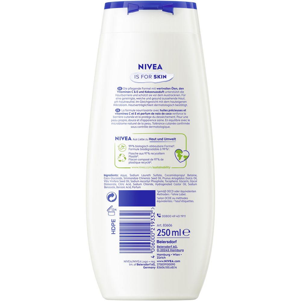 Weiße Nivea Duschgel-Flasche mit blauem Deckel. Enthält 250 ml. Rückseite mit Produktinformationen und Barcode.