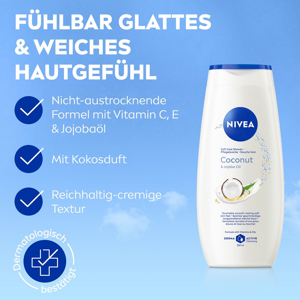 Nivea Duschgel Coconut & Jojoba Öl, 250ml, weiße Flasche mit blauem Deckel.