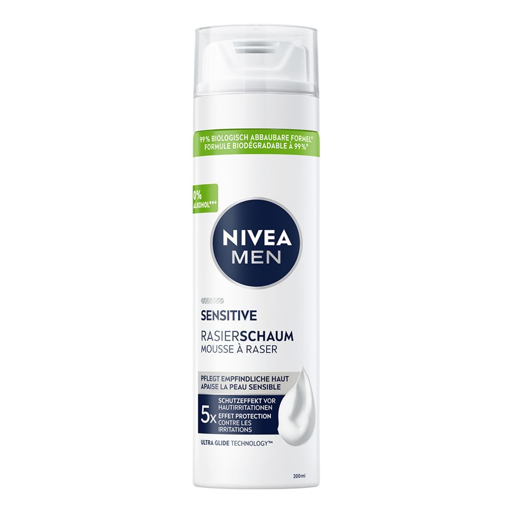 NIVEA MEN Sensitive Rasier Schaum in weißer Dose mit blauem Logo. 99% biologisch abbaubare Formel, 0% Alkohol.