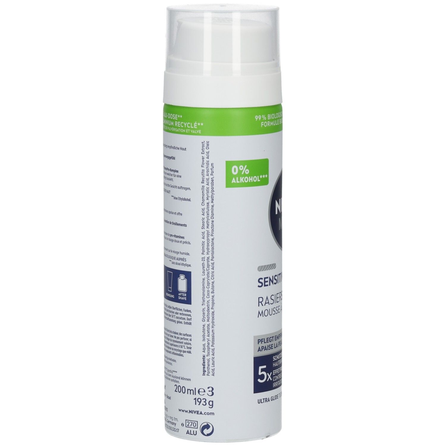 Nivea Sensitive Rasier-Mousse, 200ml Dose mit 0% Alkohol.
