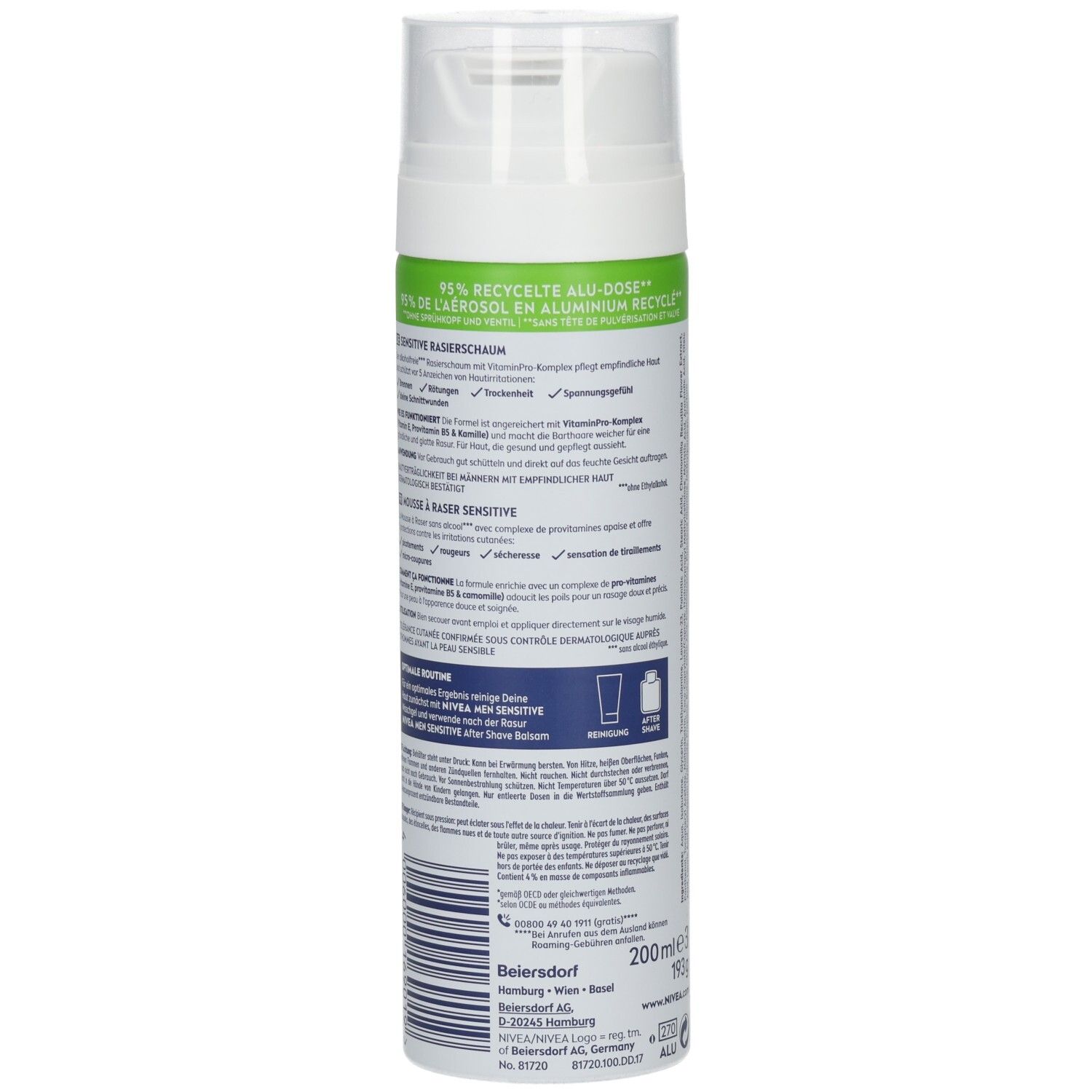 Weiße Dose Rasierschaum mit blauer und grüner Beschriftung. Enthält 200ml.