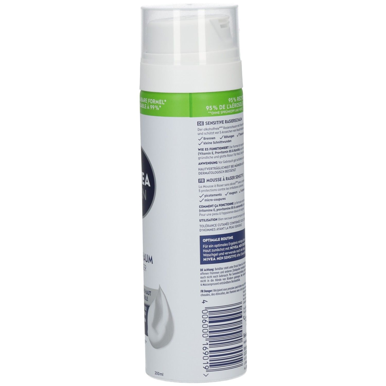 Nivea Rasier-Schaum Sensitive, weiße Dose mit grünem und blauem Etikett, 200ml.
