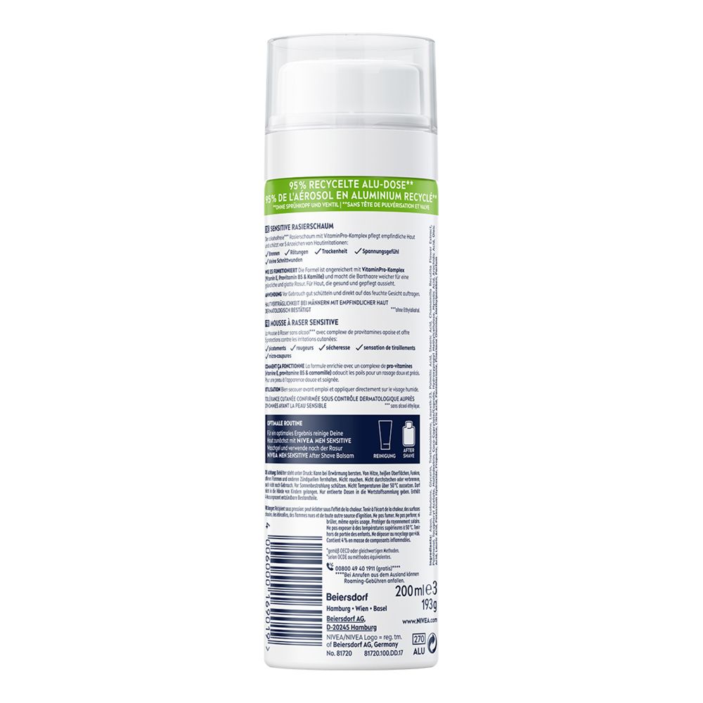 Weiße Aerosoldose mit weißem Deckel. Rückseite mit Text und Barcode. Enthält 200ml.