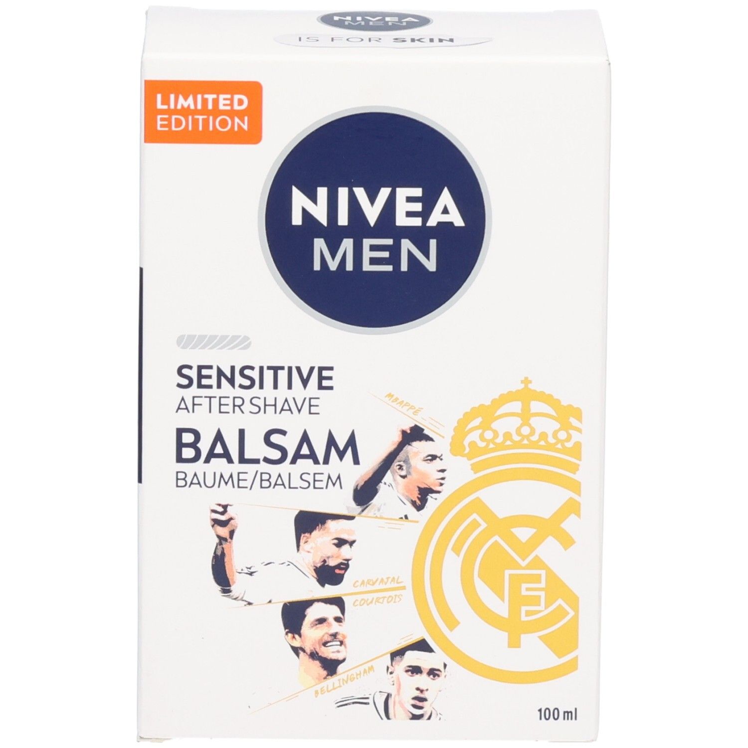 Nivea Men Sensitive After Shave Balsam Limited Edition Karton mit Fußballspielern und Vereinswappen.