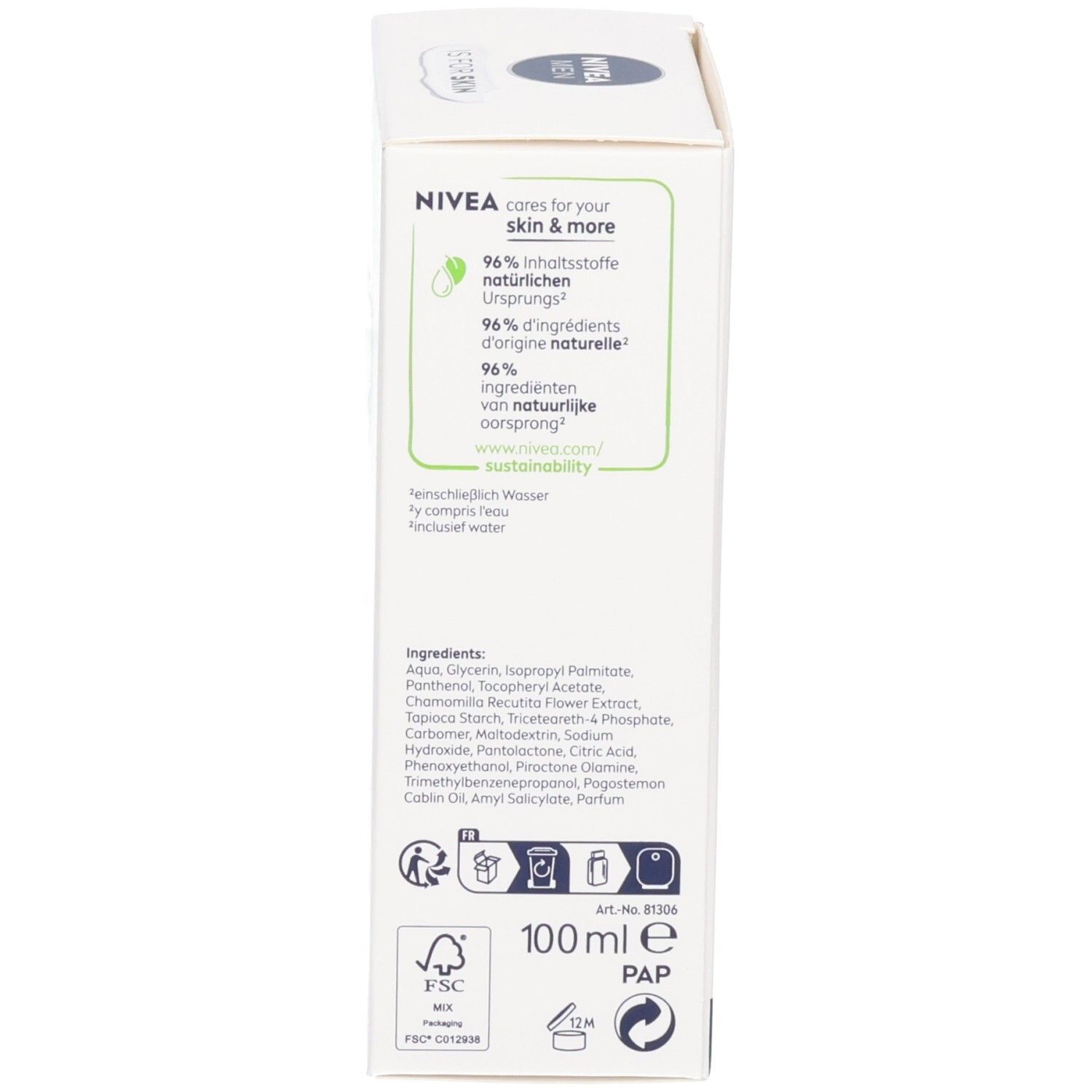 Nivea Produktverpackung mit Inhaltsangaben, 96% natürliche Inhaltsstoffe, 100ml.