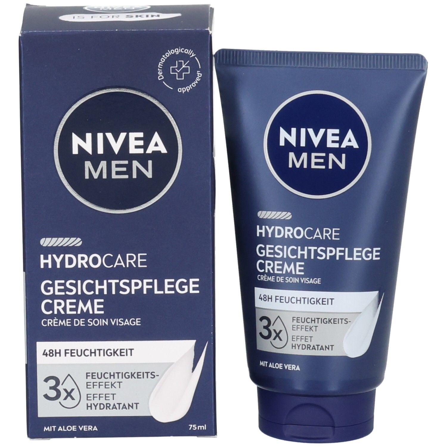NIVEA MEN HydroCare Creme Tube und Karton. Dermatologisch bestätigt, 48h Feuchtigkeit, mit Aloe Vera.