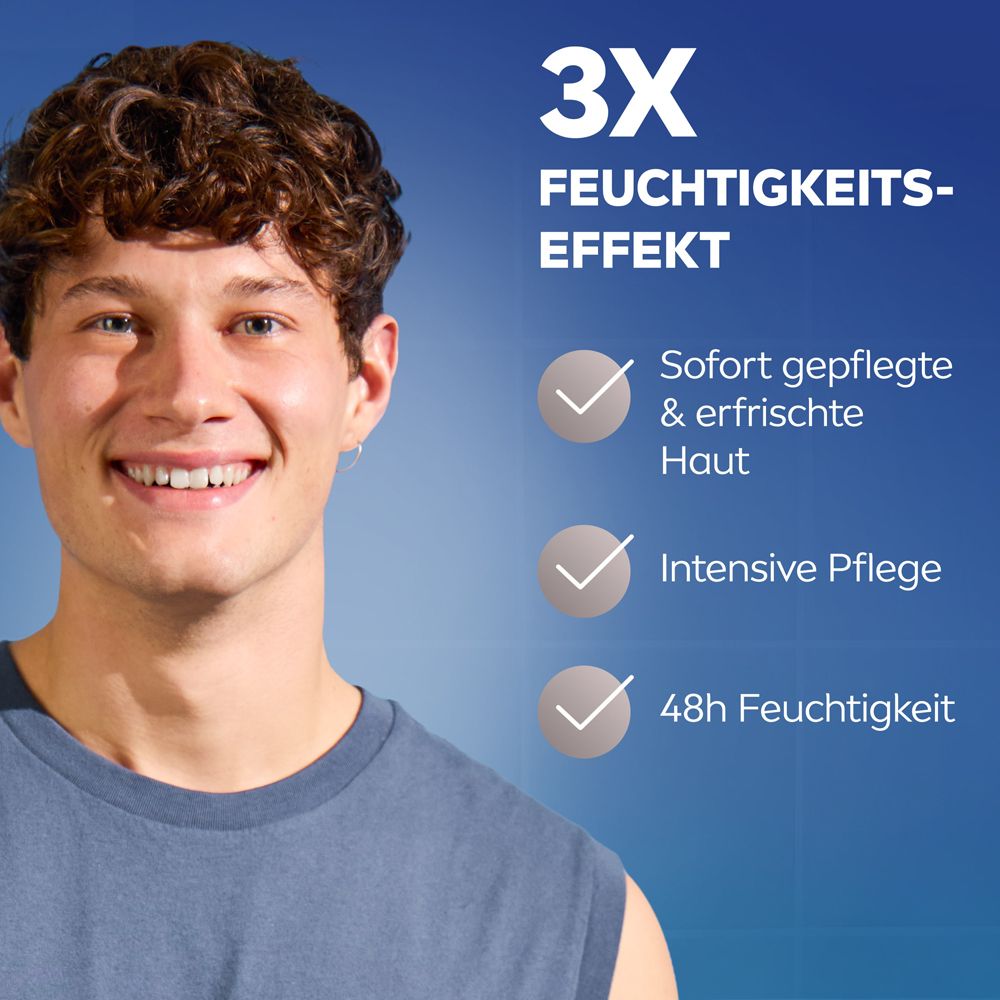 Mann mit NIVEA MEN HydroCare Creme. Hervorhebung von 3x Feuchtigkeitseffekt, Sofortpflege und 48h Feuchtigkeit.