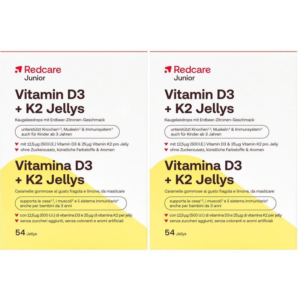 Deux paquets de Redcare Junior Vitamine D3 + K2 Gélifiés, goût fraise-citron.