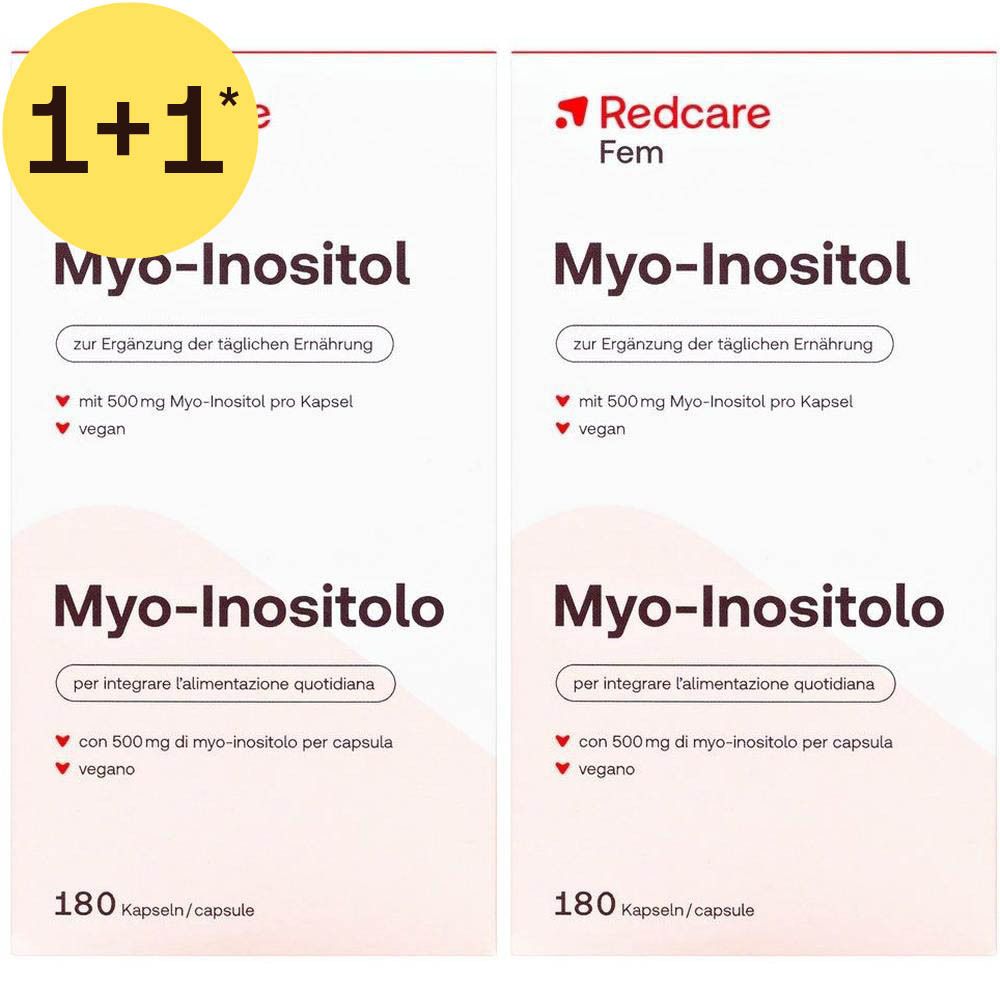 Zwei Packungen Redcare Fem Myo-Inositol Kapseln, je 180 Stück.