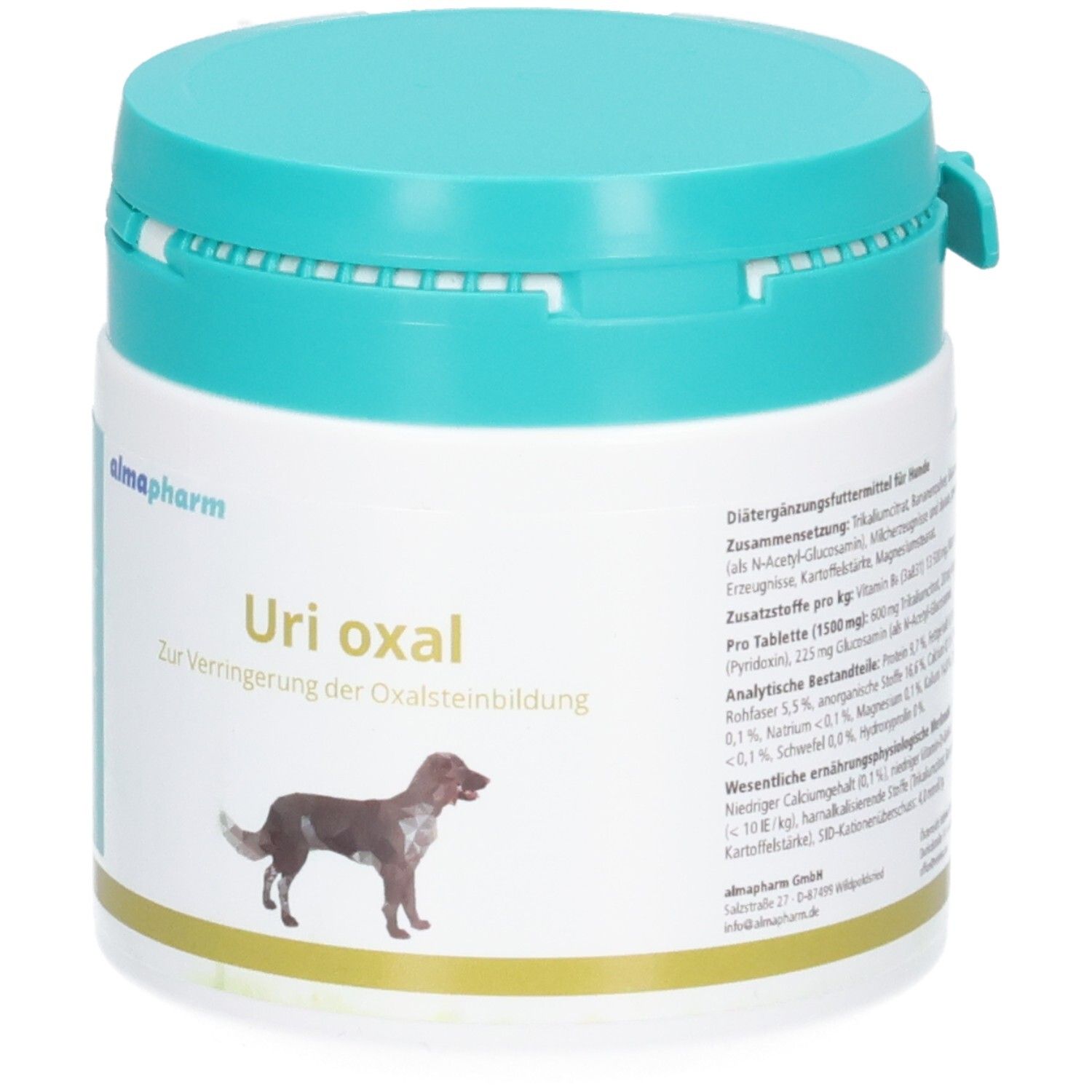 Almapharm Uri oxal: Pulver zur Verringerung der Oxalsteinbildung bei Hunden. Weißer Behälter mit türkisfarbenem Deckel.