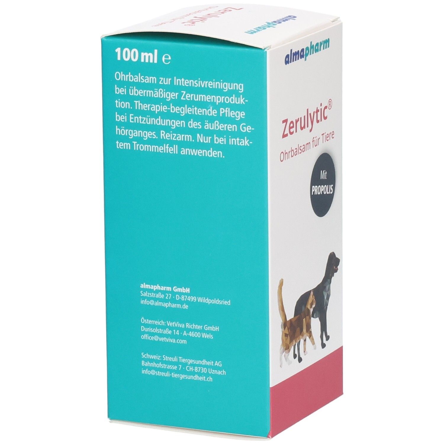 Packung Zerulyic Ohrbalsam für Tiere, 100 ml, mit Propolis. Zeigt Katze und Hund.