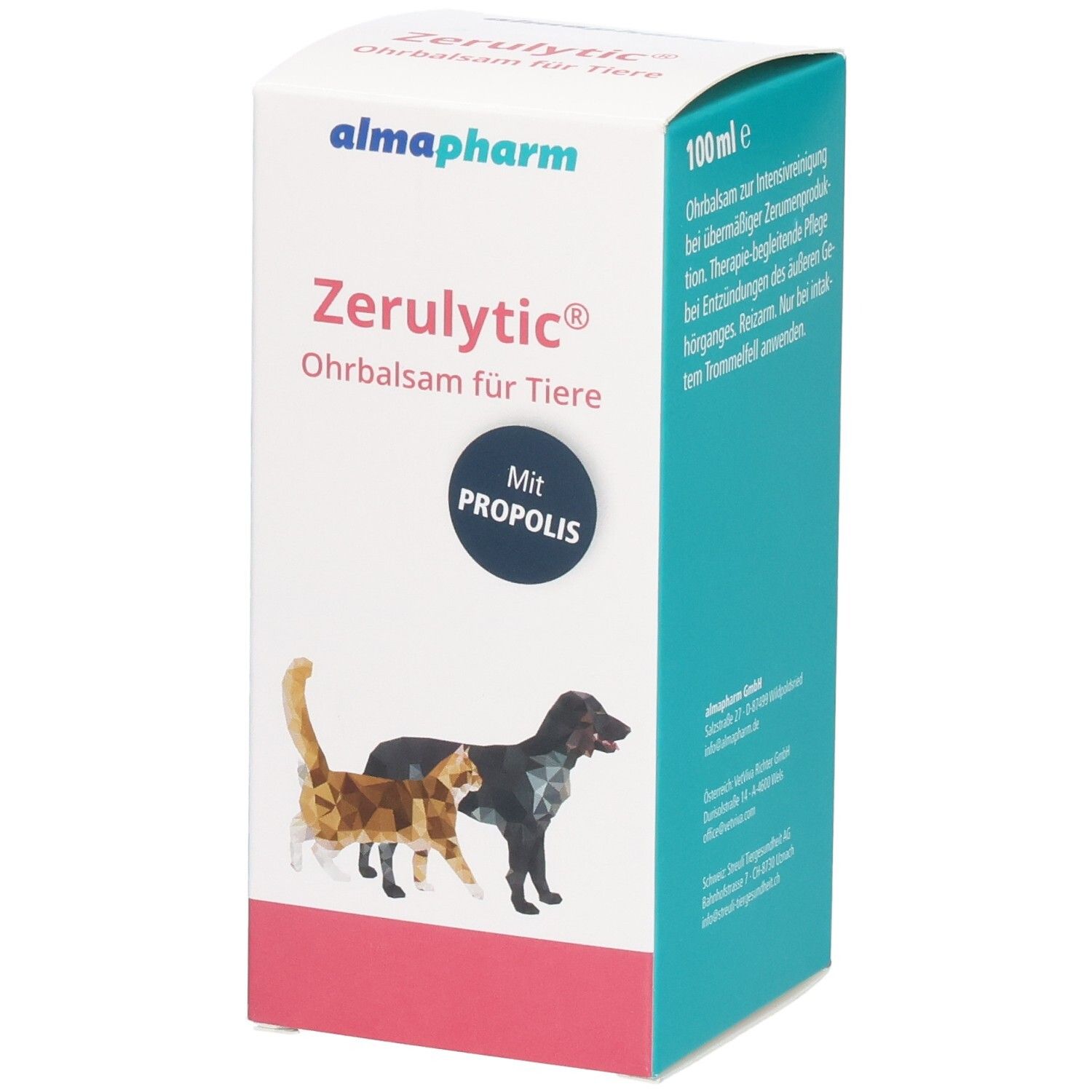 Almapharm Zerulyctic Ohrbalsam für Tiere, 100ml, mit Propolis. Kartonverpackung mit Abbildungen einer Katze und eines Hundes.