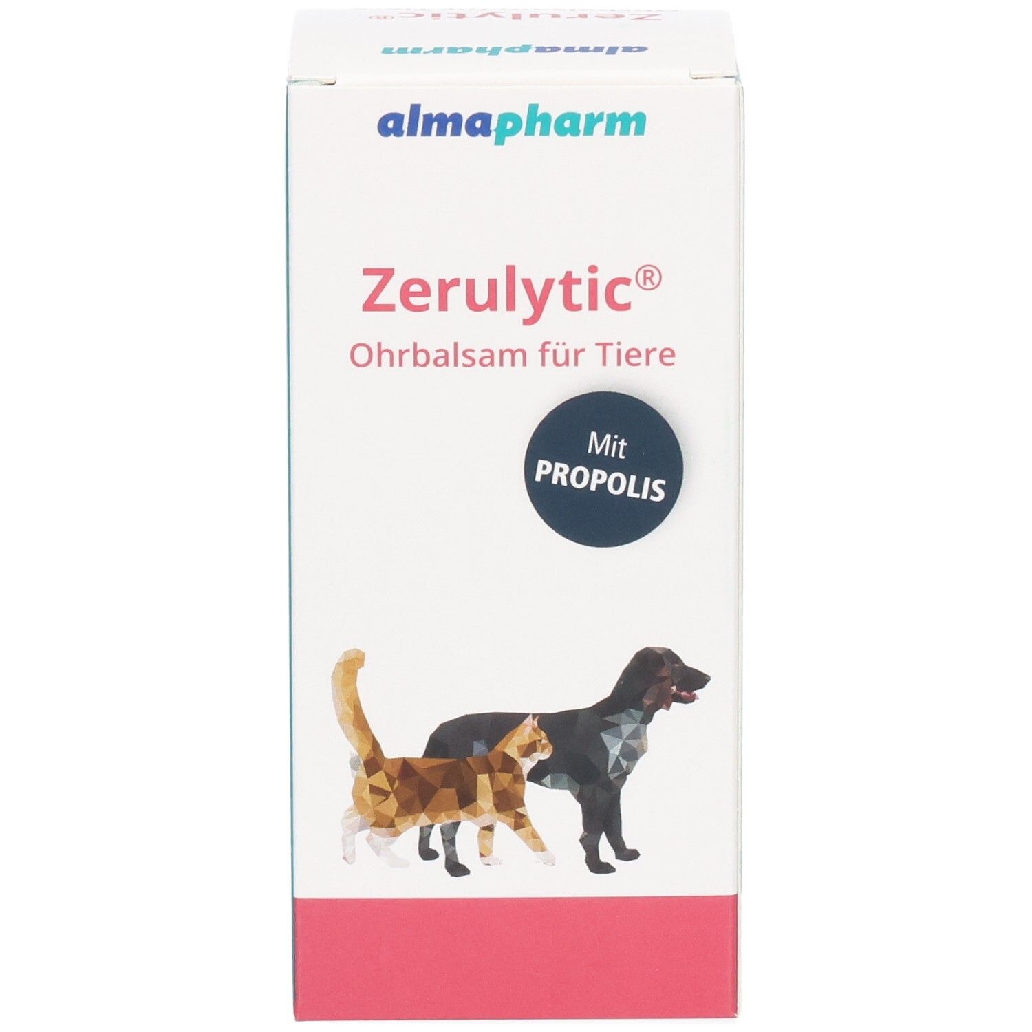 Almapharm Zerulyic Ohrbalsam für Tiere mit Propolis. Kartonverpackung mit Illustrationen von Katze und Hund.