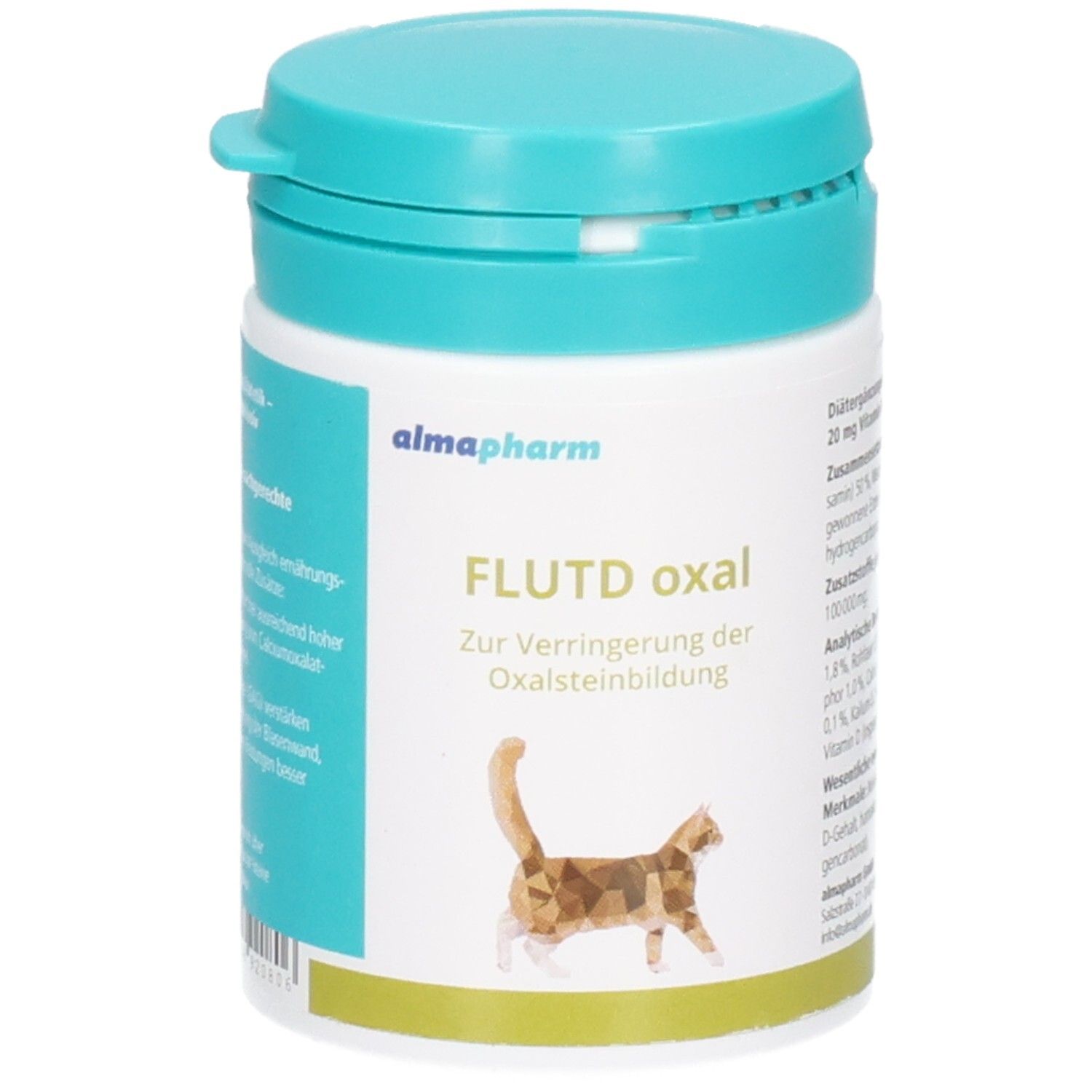 Almapharm FLUTD oxal Behälter mit türkisfarbenem Deckel, zeigt eine stilisierte Katze und Text.