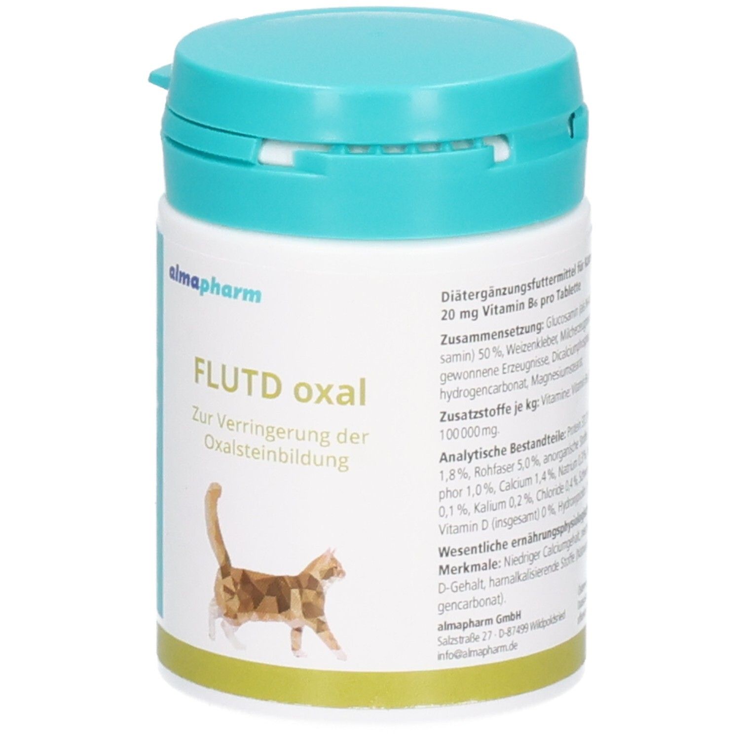 Almapharm FLUTD oxal Behälter mit Katze-Illustration, zur Verringerung der Oxalsteinbildung.