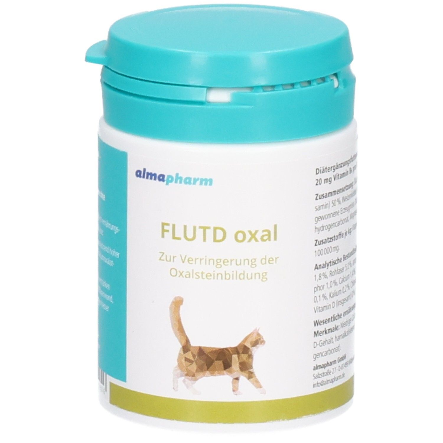 Almapharm FLUTD oxal Behälter mit türkisfarbenem Deckel. Zeigt eine stilisierte Katze.