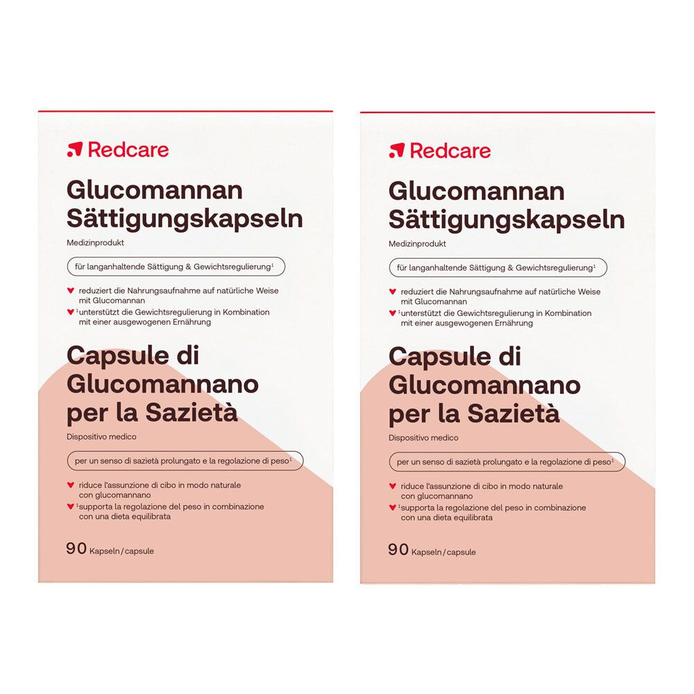 Zwei Packungen Redcare Glucomannan Sättigungskapseln, 90 Kapseln pro Packung.