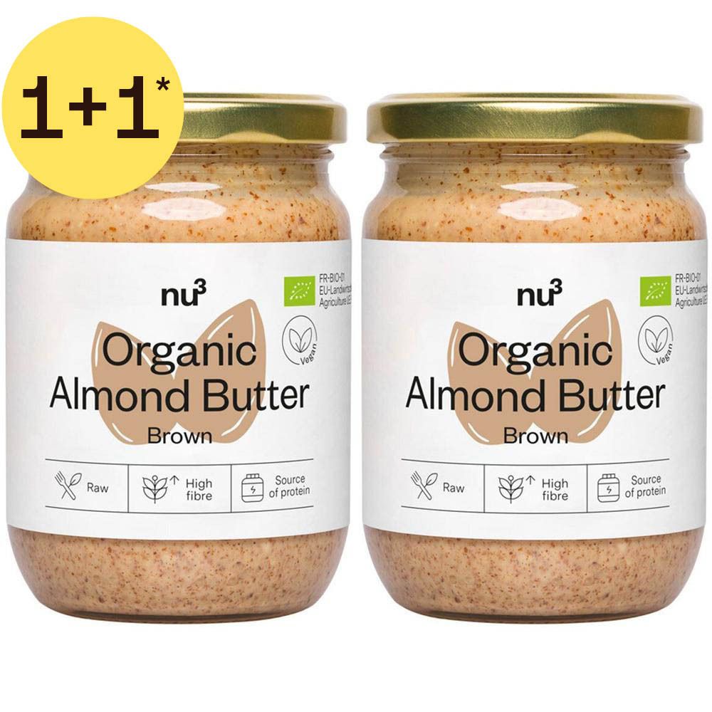 Zwei Gläser nu³ Bio Mandelbutter Brown, je 100g.
