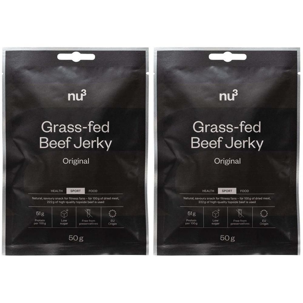 Deux paquets de nu3 Beef Jerky, Original. Nourri à l'herbe, 50g par paquet.