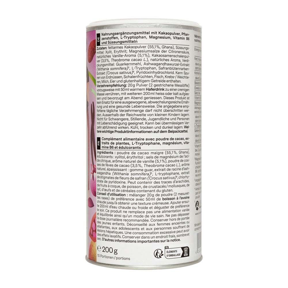 Rückseite einer Dose nu3 Balancing Hot Cocoa mit Nährwertangaben und Zutatenliste.
