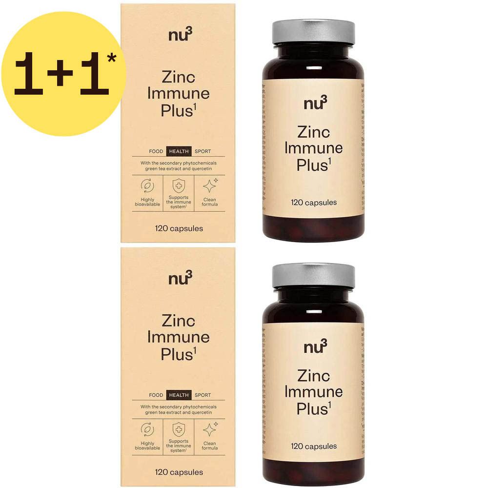 Zwei Packungen nu³ Zink Immune Plus Kapseln. Nahrungsergänzungsmittel, 120 Kapseln pro Packung.