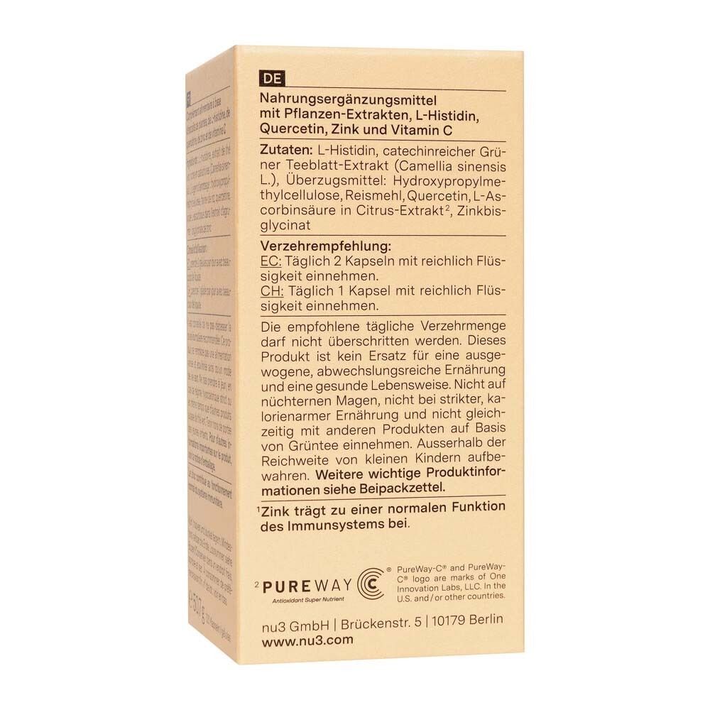 Verpackung eines Nahrungsergänzungsmittels mit Pflanzenextrakten, L-Histidin, Quercetin, Zink und Vitamin C.