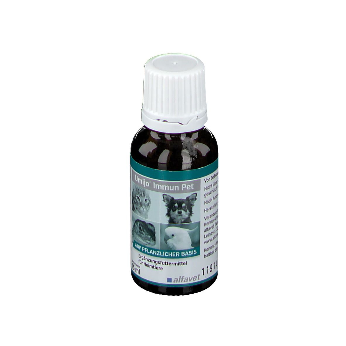 Braune Flasche mit weißem Deckel. Aufschrift: Umijo Immun Pet, Ergänzungsfuttermittel für Heimtiere. 15 ml. Mit Bildern von Tieren.