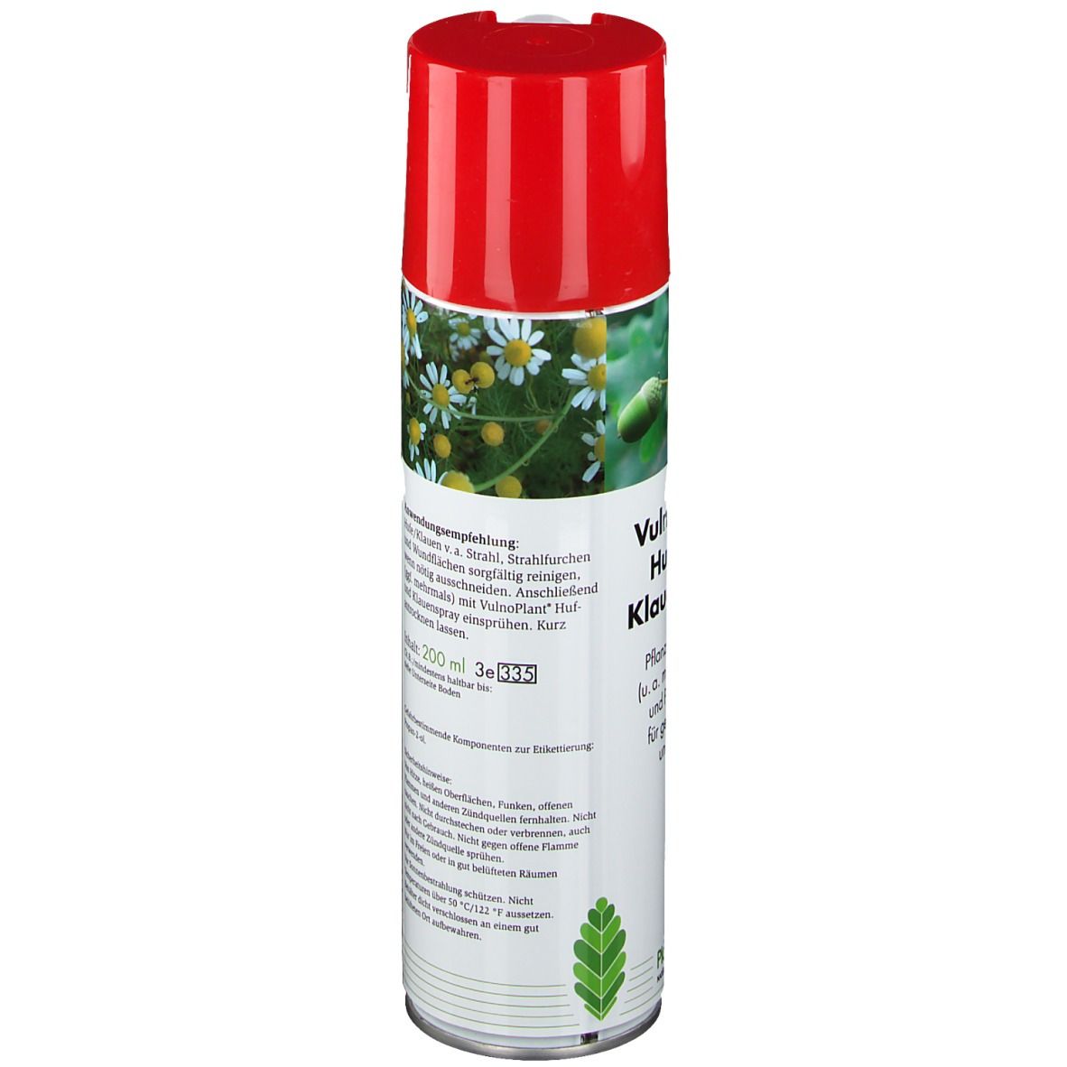 Dos d'une bombe de spray avec bouchon rouge. Informations textuelles, dont recommandation d'utilisation et liste des ingrédients. Contenu: 200 ml.
