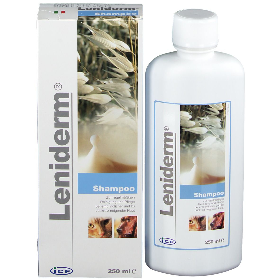 Flacon et boîte de shampooing Leniderm. Blanc, bleu et beige. Texte: Shampooing, 250 ml. Images d'animaux.