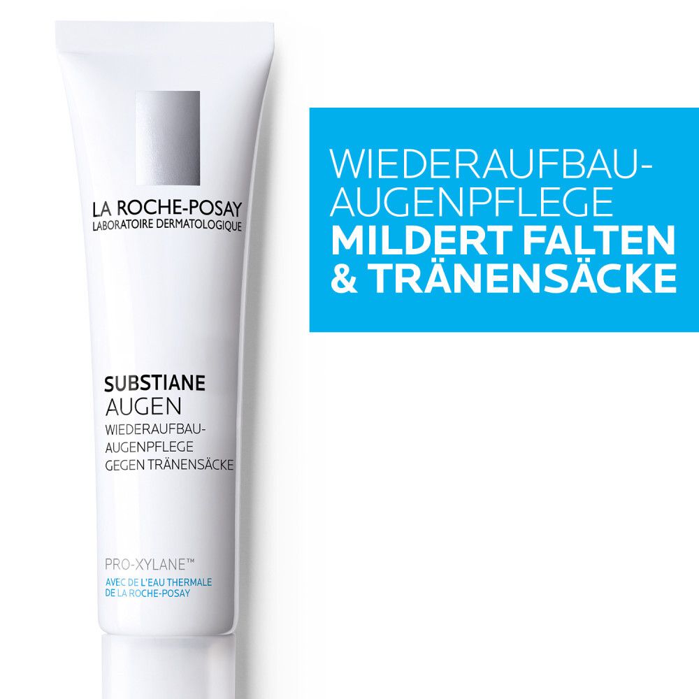 Tube La Roche-Posay Substiane Augen. Boîte texte bleue : 'Atténue rides & poches'.