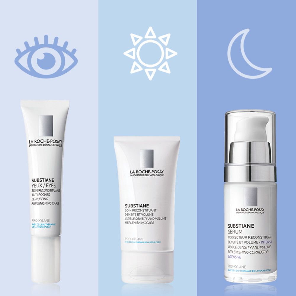 Trois produits La Roche-Posay. Soin yeux, crème jour, sérum. Symboles: œil, soleil, lune.