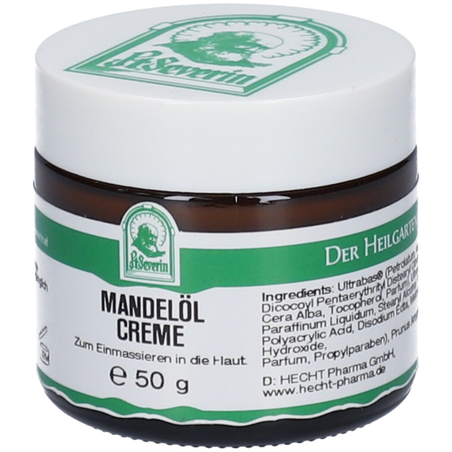 Pot en verre brun avec couvercle blanc. Inscription: Mandelöl Creme, 50 g. Étiquette verte et blanche avec logo et ingrédients.
